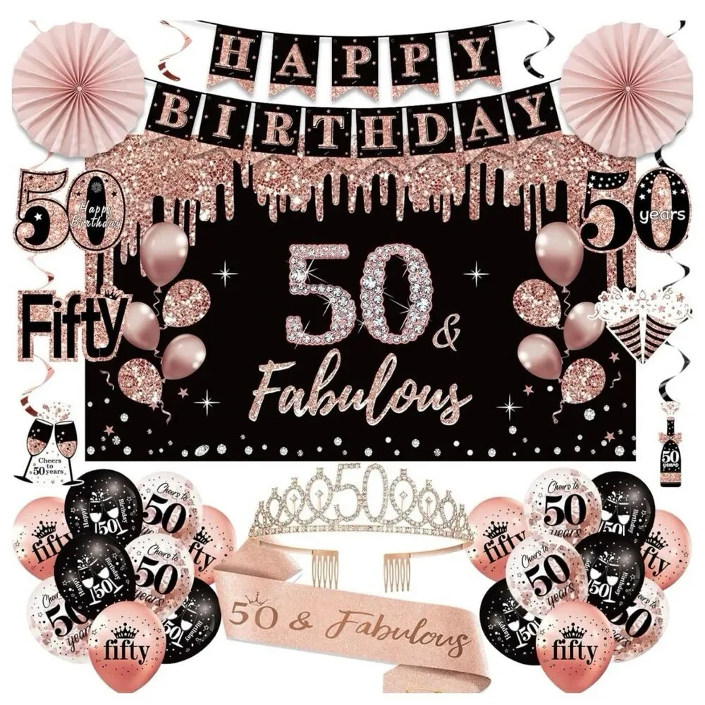 50th Birthday Decorations for Women Black Rose Gold Party Supplies Crown Sash
